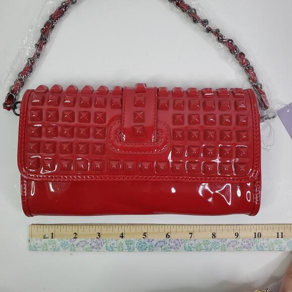 navoh Red Purse Studded Envelope Clutch short metal Chain Strap paisley Lined - Picture 14 of 15